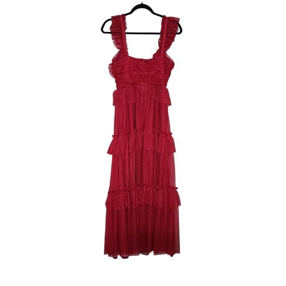 Red Maxi Dress Ruffled Tiered Tulle Empire Waist Western Romance Party Prom  M - Picture 2 of 5